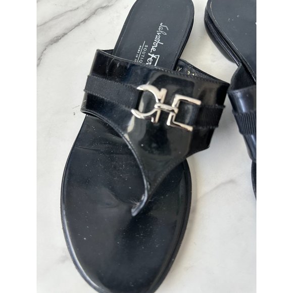 SALVATORE FERRAGAMO Black Silver Logo Buckle Sandals Size 38 - Picture 8 of 11